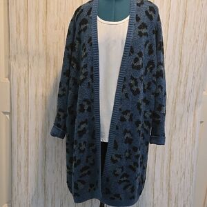 Blue and Black Leopard Print Cardigan Sweater